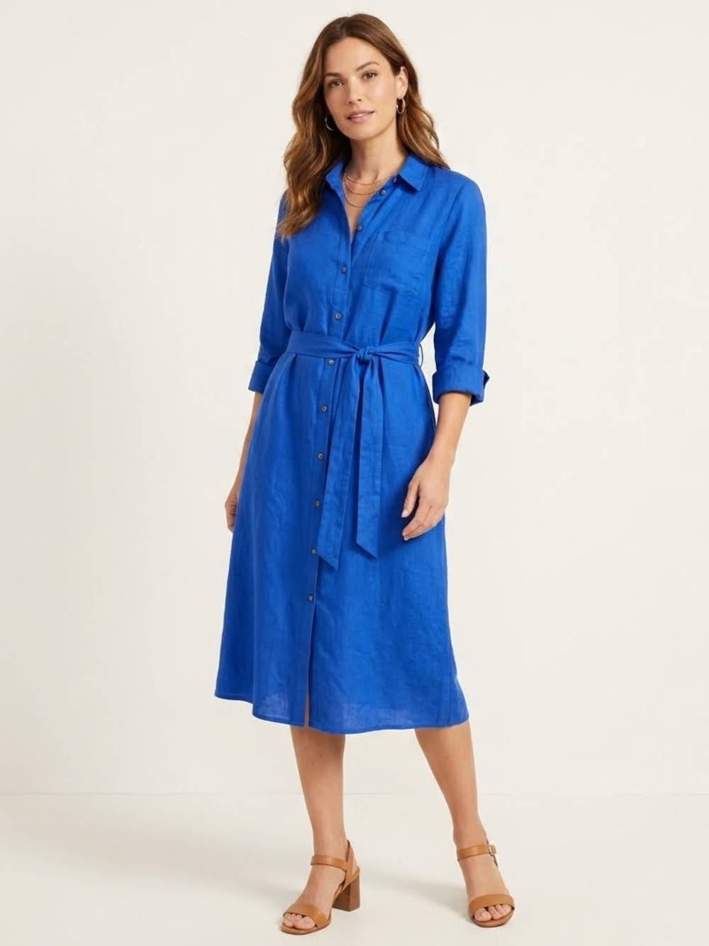 LOFT Royal Blue Linen Blend Long Sleeve Midi Shirt Dress Size 6 VGUC